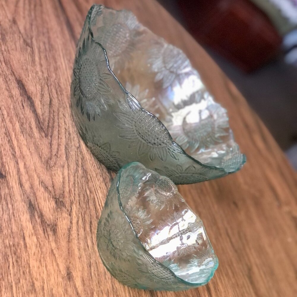 Vintage Sunflower Blue/Green Chip & Dip Glass Bowl Set